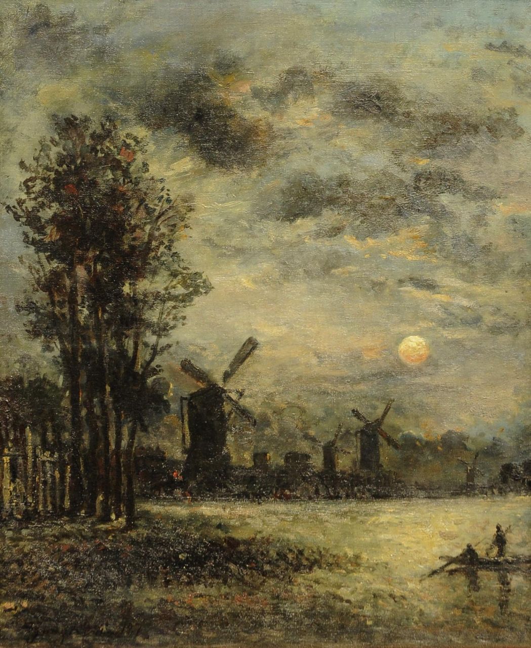 Jongkind J.B. | Johan Barthold Jongkind, Molens langs de rivier bij maanlicht, olieverf op doek 46,3 x 38,8 cm, gesigneerd linksonder en gedateerd 187(0) Jongkind J.B. | Johan Barthold Jongkind, Molens langs de rivier bij maanlicht, olieverf op doek 46,3 x 38,8 cm, gesigneerd linksonder en gedateerd 187(0)