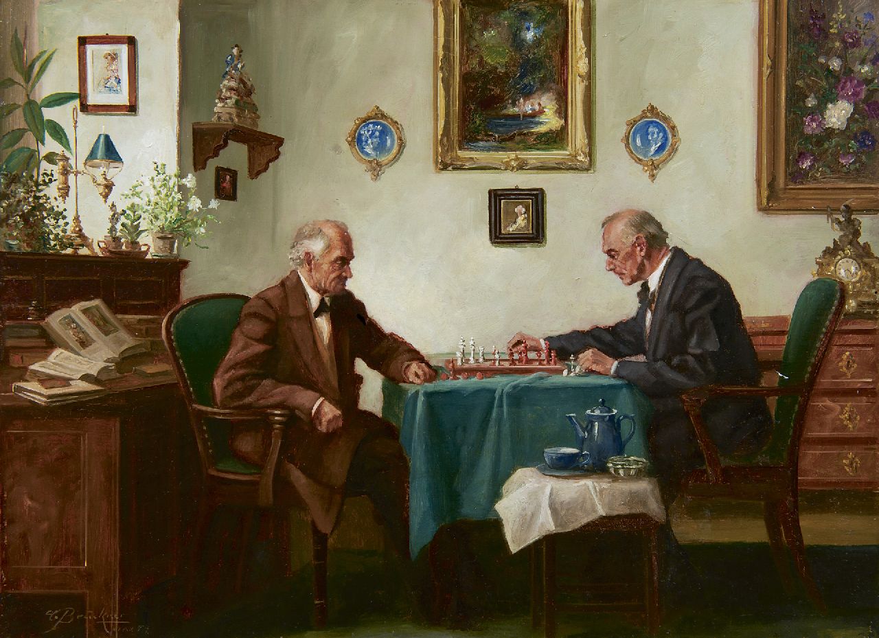 Brückner C.  | Curt Brückner, De wekelijkse schaakpartij, olieverf op schildersboard 30,0 x 40,0 cm, gesigneerd linksonder en gedateerd '54