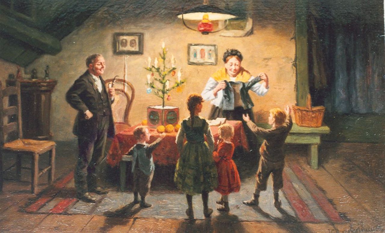 Gerstenhauer Zimmerman J.G.  | Johan Georg Gerstenhauer Zimmerman, Het kerstfeest met cadeautjes, olieverf op paneel 20,4 x 32,0 cm, gesigneerd rechtsonder