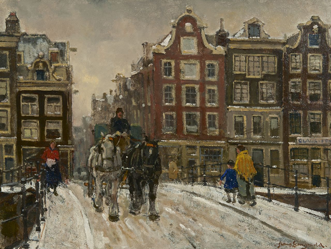 Langeveld F.A.  | Franciscus Arnoldus 'Frans' Langeveld, Paardenkar op besneeuwde brug over het Singel, Amsterdam, olieverf op doek 51,3 x 66,3 cm, gesigneerd rechtsonder