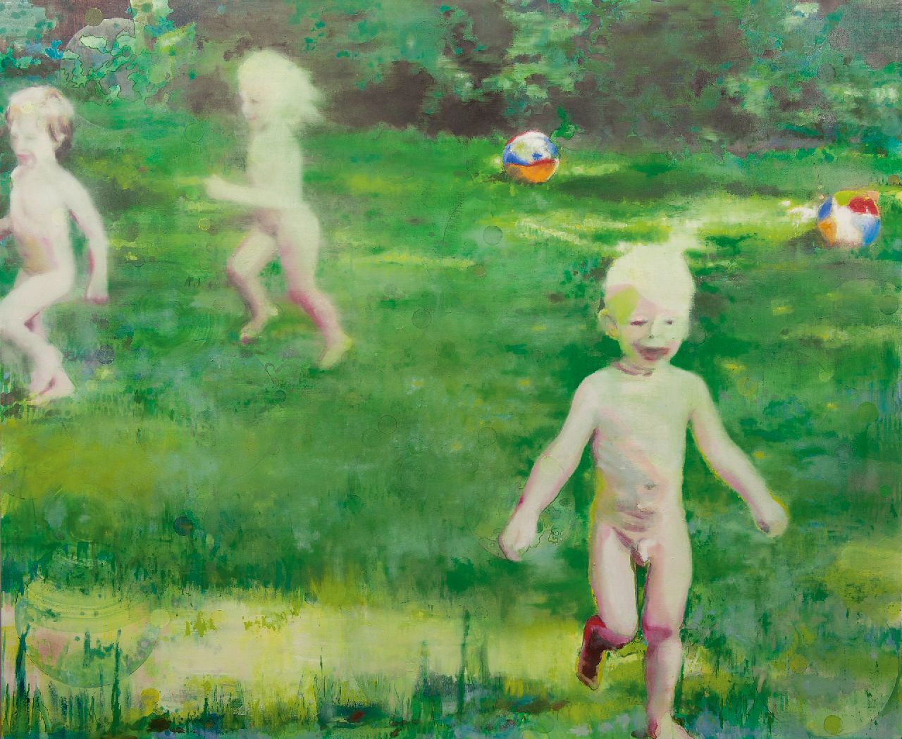 Katrin Hoffert | Ivan, Zara + Edgar (der Garten), olieverf op doek, 145,5 x 175,1 cm, gesigneerd verso en verso gedateerd 2003