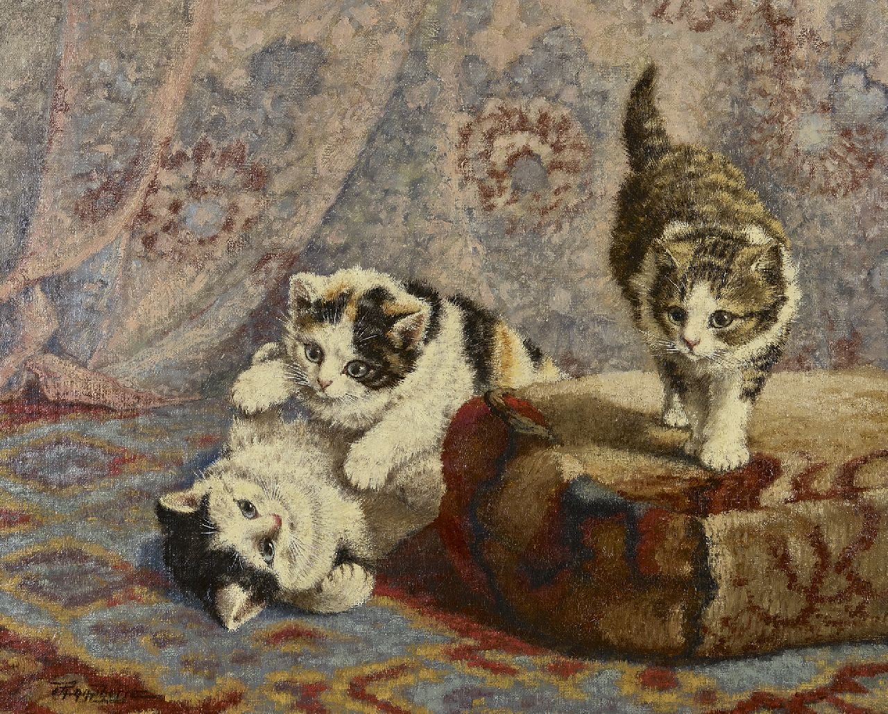 Raaphorst C.  | Cornelis Raaphorst | Schilderijen te koop aangeboden | Drie spelende katjes bij een poef, olieverf op doek 40,4 x 50,7 cm, gesigneerd linksonder