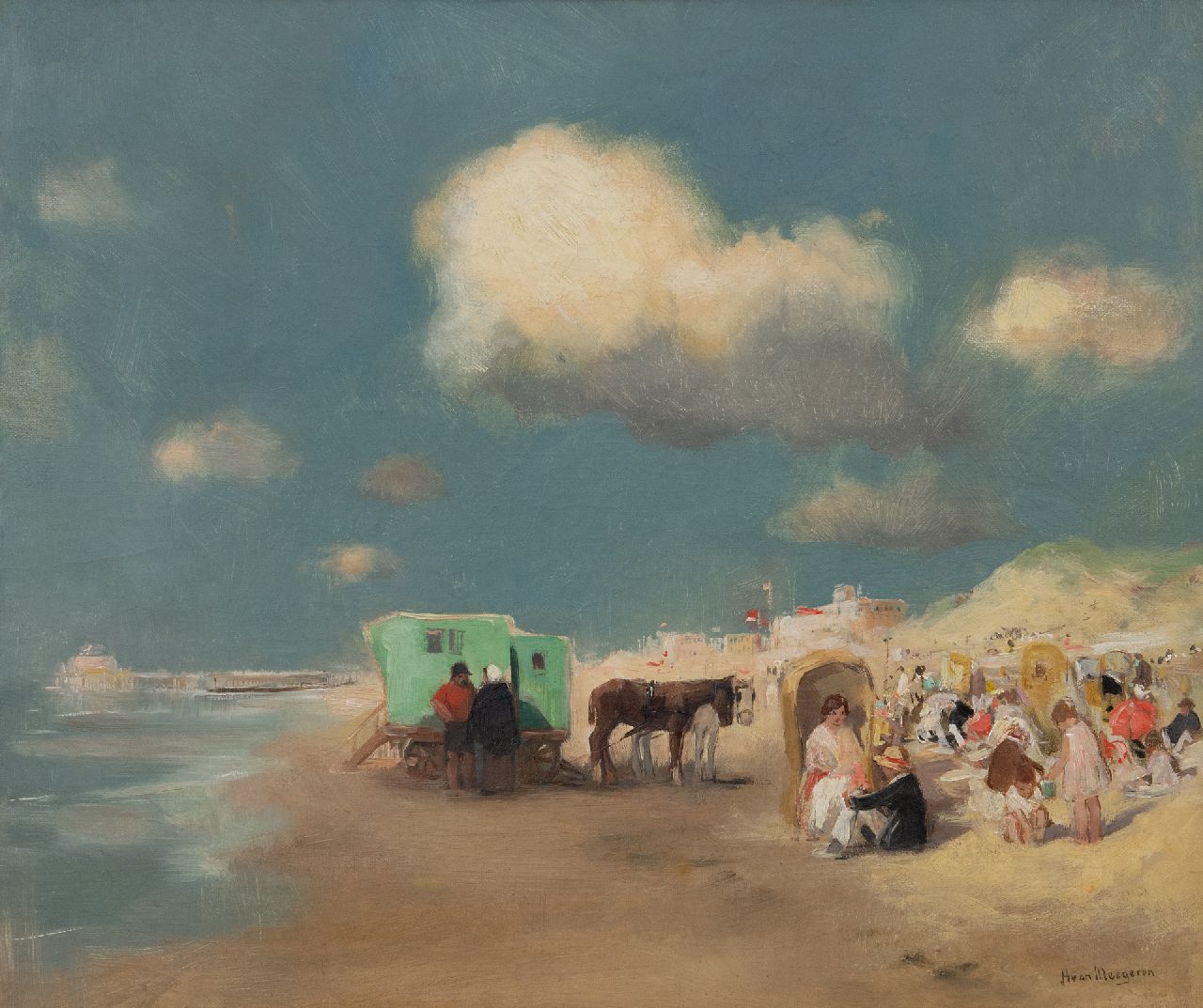 Meegeren H.A. van | Henricus Antonius 'Han' van Meegeren | Schilderijen te koop aangeboden | Zomerse dag op het strand bij Scheveningen, olieverf op doek 50,0 x 60,0 cm, gesigneerd rechtsonder
