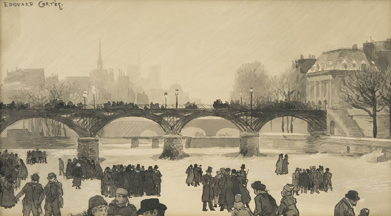 Edouard Cortes | Schaatsers op de Seine, Parijs i.o., inkt op papier, 17,1 x 30,8 cm, gesigneerd l.b.