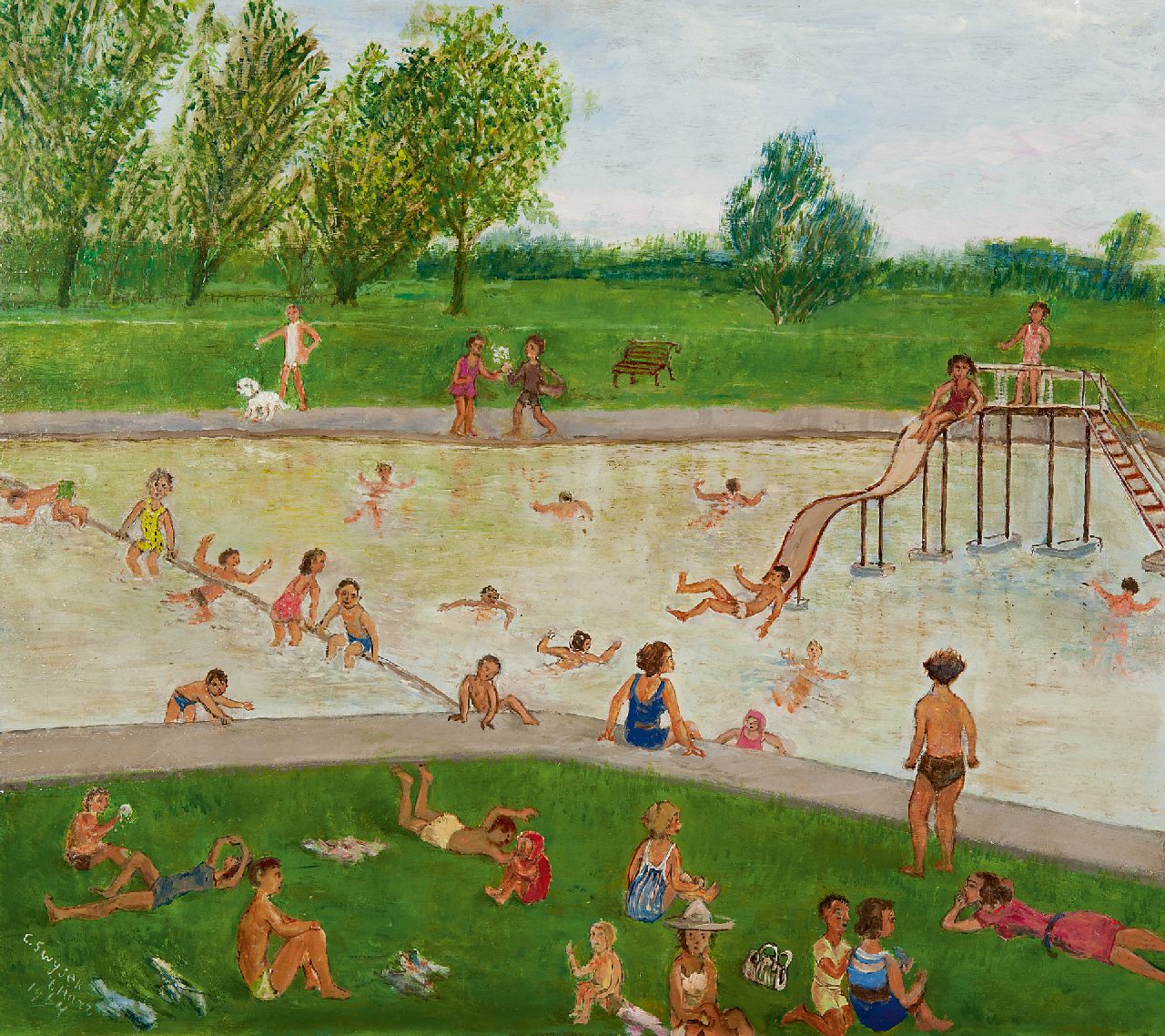 Swijser-'t Hart C.C.M.  | Catharina 'Christina' Maria Swijser-'t Hart | Schilderijen te koop aangeboden | Zwembad in de zomer, olieverf op board 48,8 x 54,4 cm, gesigneerd linksonder en gedateerd 1964
