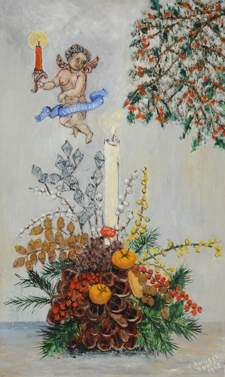 Swijser-'t Hart C.C.M.  | Catharina 'Christina' Maria Swijser-'t Hart, Kerststukje en zwevende engel, olieverf op board 54,0 x 32,5 cm, gesigneerd rechtsonder en gedateerd 1965