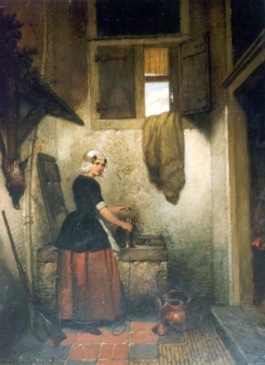 Hove H. van | Hubertus 'Huib' van Hove, Meisje bij de waterpomp, olieverf op paneel 31,6 x 23,7 cm