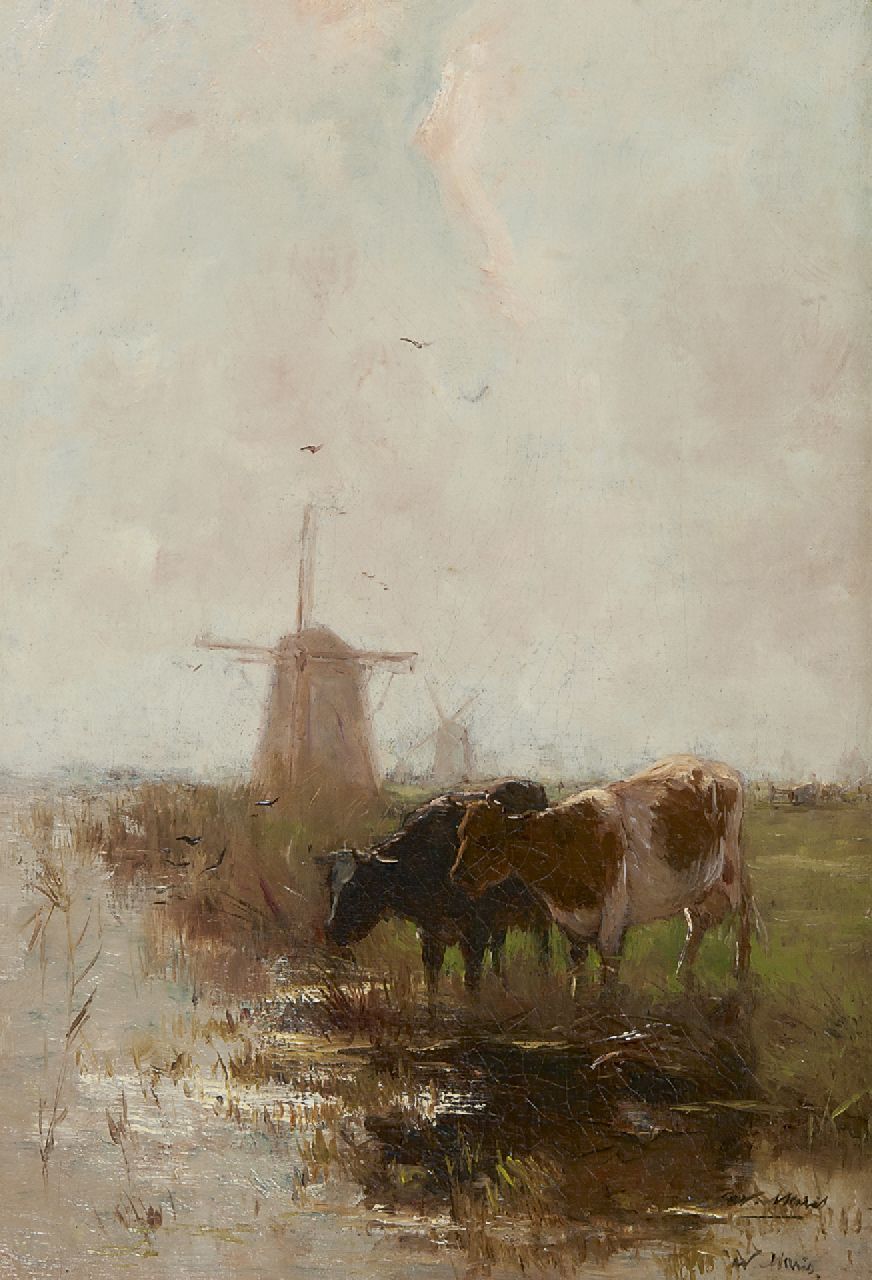 Maris W.  | Willem Maris, Koeien aan de waterkant, olieverf op doek 37,2 x 25,7 cm, gesigneerd rechtsonder (tweemaal)