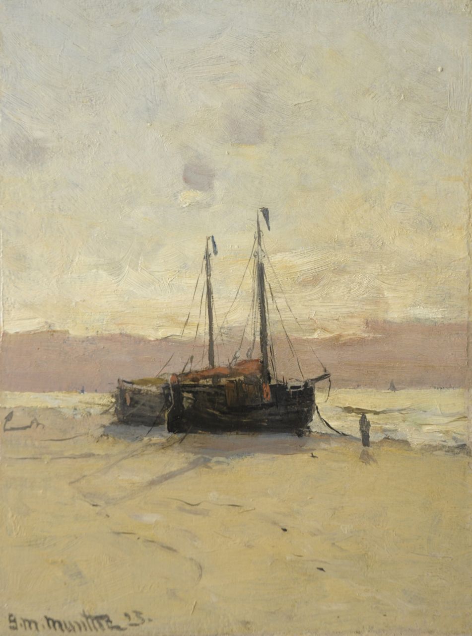 Munthe G.A.L.  | Gerhard Arij Ludwig 'Morgenstjerne' Munthe, Bomschuiten op het strand, olieverf op schildersboard 25,3 x 19,2 cm, gesigneerd linksonder en gedateerd '23
