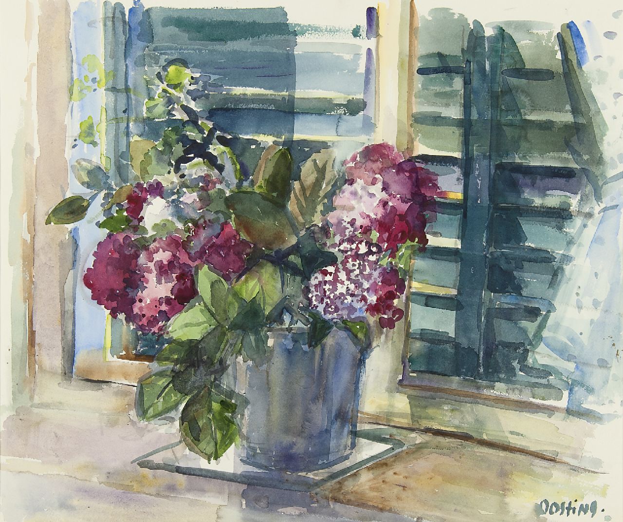 Bieruma Oosting A.J.W.  | Adriana Johanna Wilhelmina 'Jeanne' Bieruma Oosting, Paarse bloemen voor een raam, aquarel op papier 51,3 x 62,5 cm, gesigneerd rechtsonder