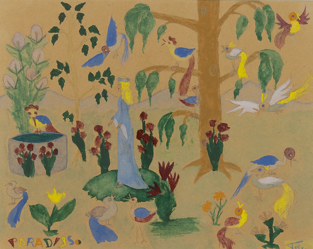 Oranje-Nassau (Prinses Beatrix) B.W.A. van | Beatrix Wilhelmina Armgard van Oranje-Nassau (Prinses Beatrix), Paradijs, aquarel op karton 23,5 x 29,5 cm, gesigneerd rechtsonder 'Trix'