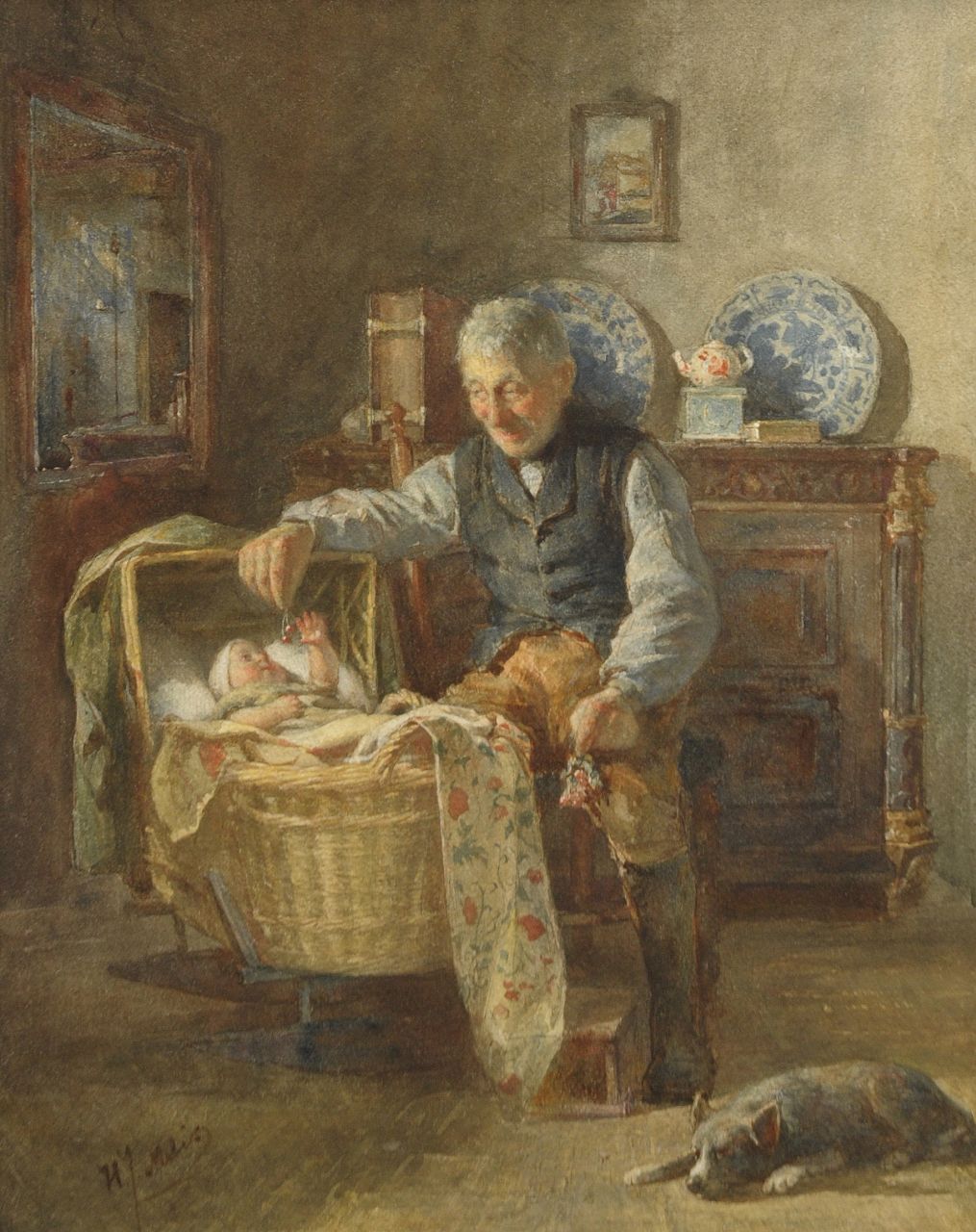 Mélis H.J.  | Henricus Joannes Mélis, De eerste kersjes van grootvader, aquarel op papier 50,8 x 38,7 cm, gesigneerd linksonder