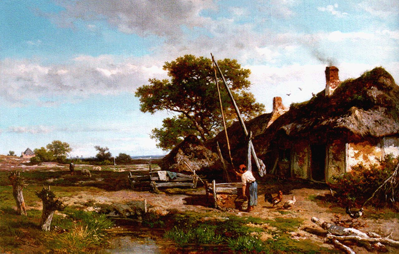 Roelofs W.  | Willem Roelofs, Bij de put op boerenerf, olieverf op doek op paneel 42,5 x 66,0 cm, gesigneerd linksonder en gedateerd 1855