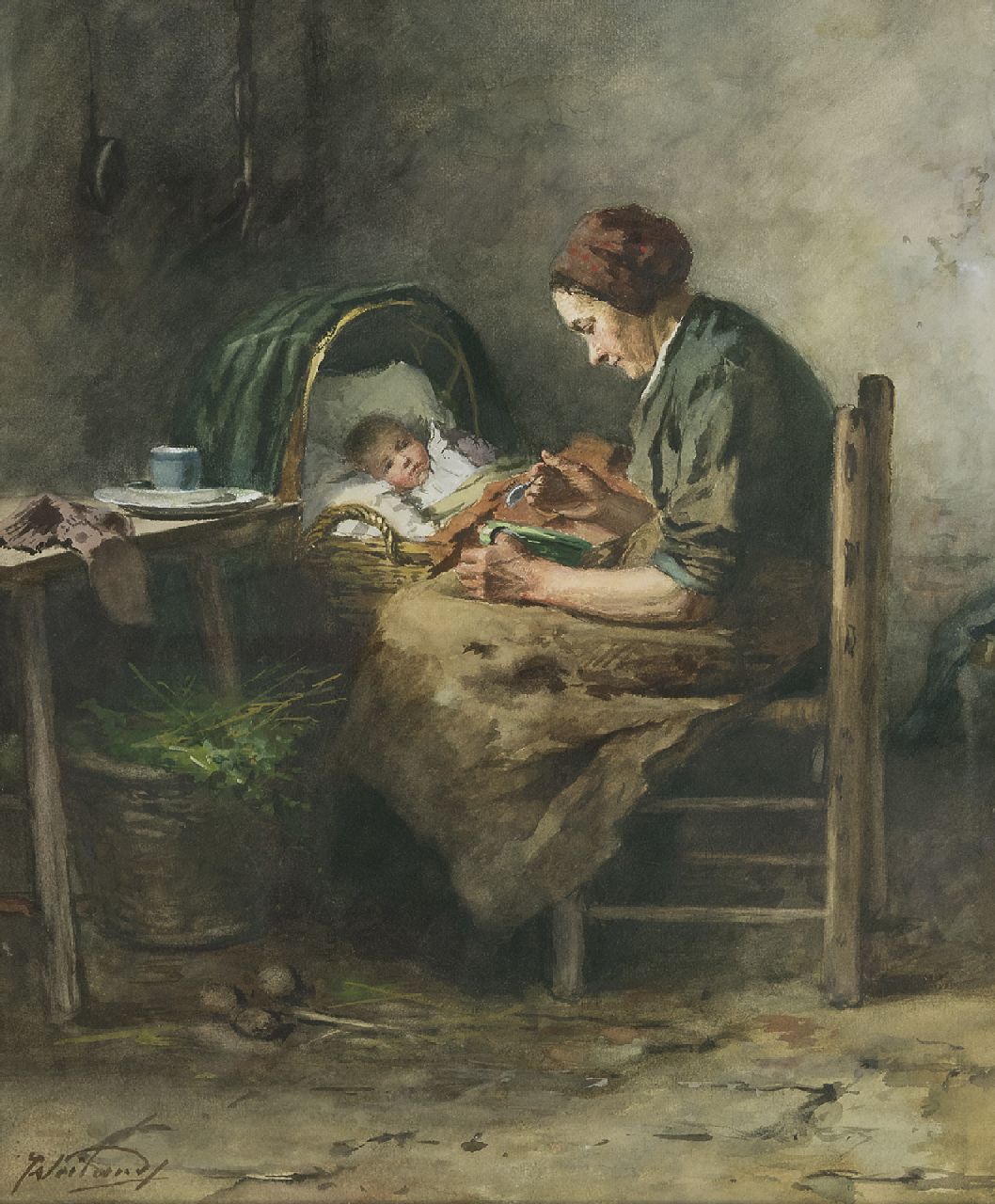 Johannes Weiland | Boereninterieur met moeder en kind, aquarel op papier, 48,0 x 40,3 cm, gesigneerd l.o.