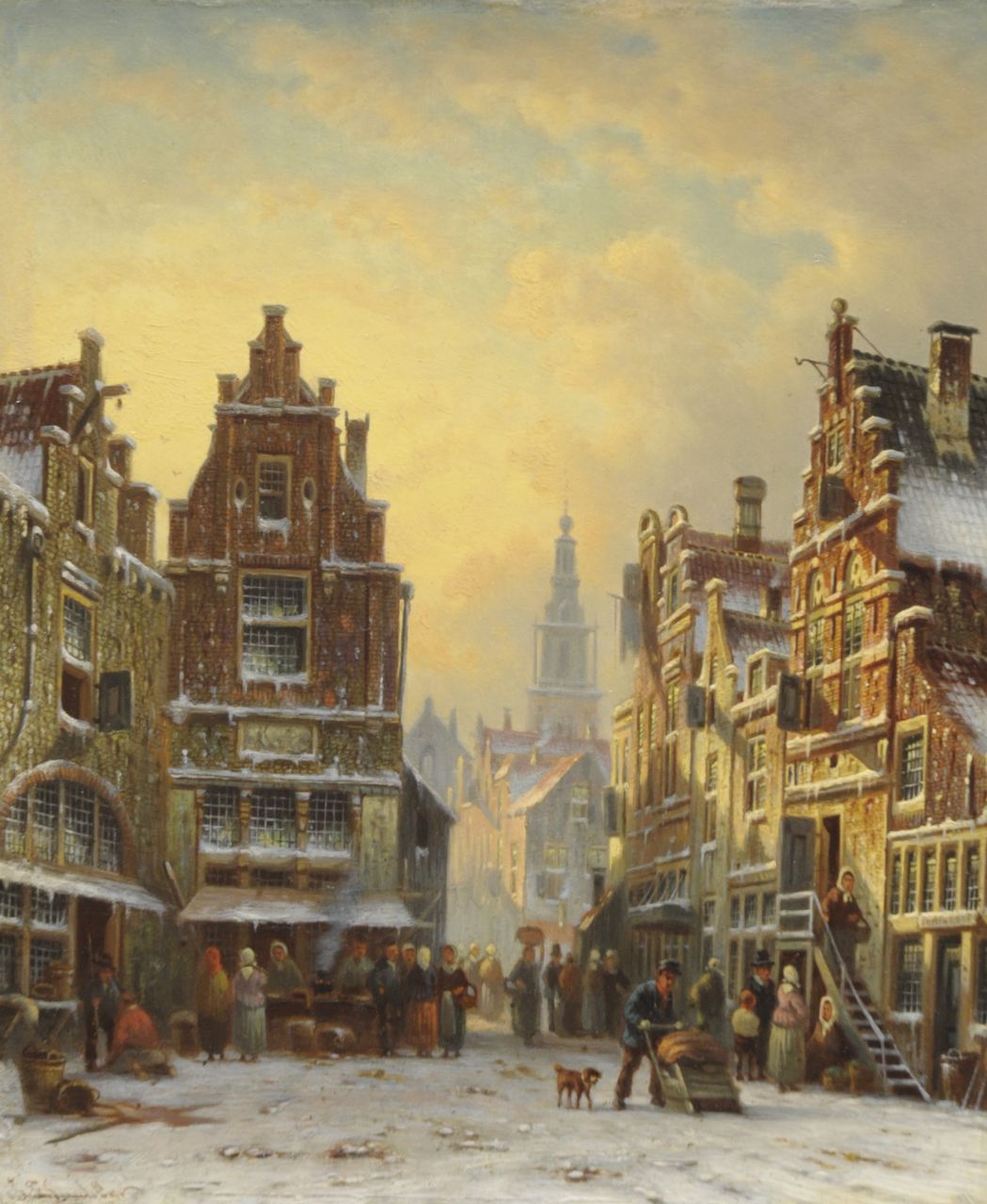 Spohler J.F.  | Johannes Franciscus Spohler, Winters stadsgezicht met de Amsterdamse Zuiderkerkstoren, olieverf op paneel 26,2 x 21,5 cm, gesigneerd linksonder