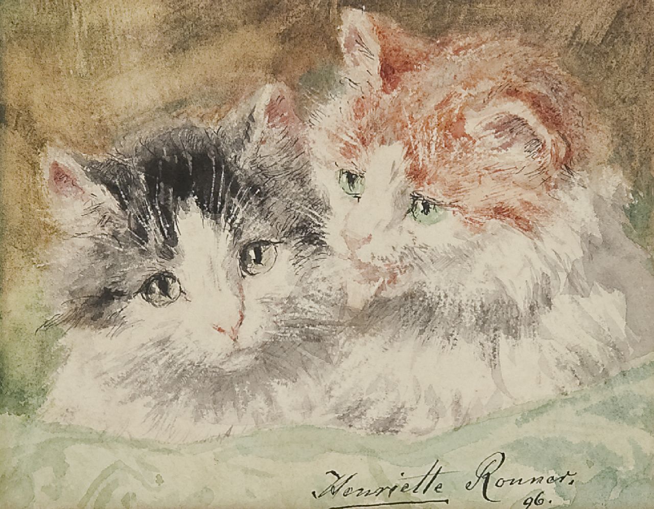 Ronner-Knip H.  | Henriette Ronner-Knip, Twee katjes, aquarel op papier 12,2 x 15,3 cm, gesigneerd rechtsonder en gedateerd '96
