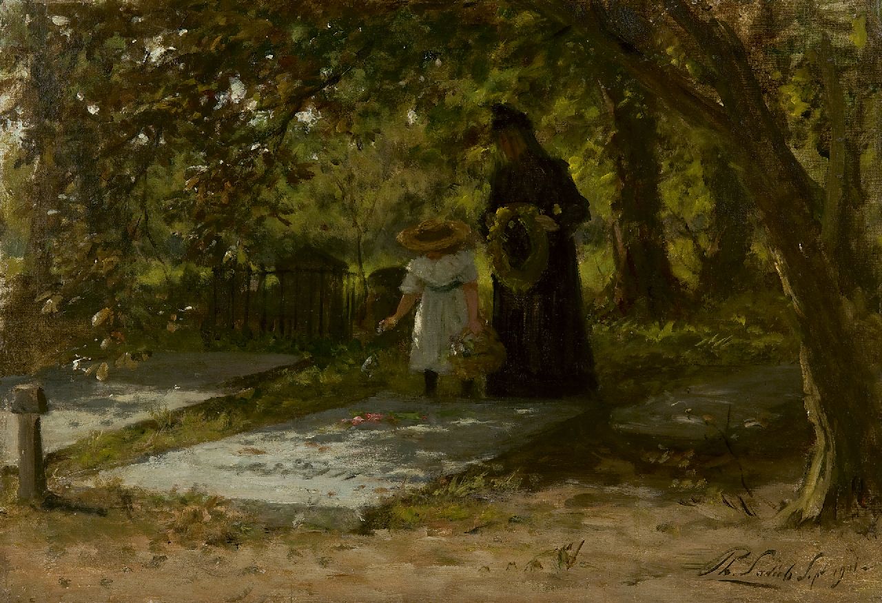 Sadée P.L.J.F.  | Philip Lodewijk Jacob Frederik Sadée, Bezoek aan het kerkhof, olieverf op doek op paneel 34,7 x 50,0 cm, gesigneerd rechtsonder en gedateerd 6 Sept. 1901
