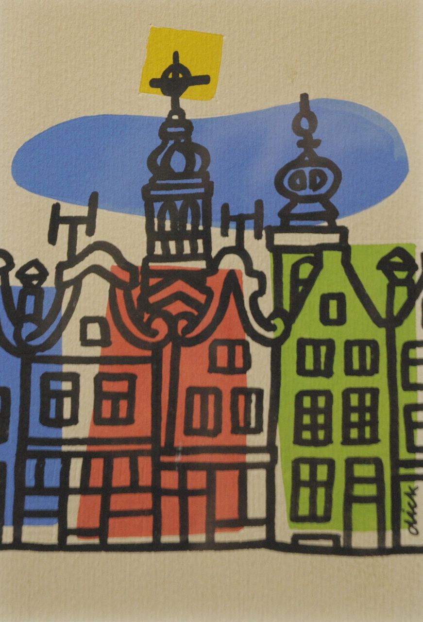 Bruna H.M.  | Hendrik Magdalenus 'Dick' Bruna, Grachtje in Amsterdam (omslagontwerp voor de pocket 'Thriller voor twee camera's', 1958), gouache op papier 18,0 x 11,8 cm, gesigneerd rechtsonder