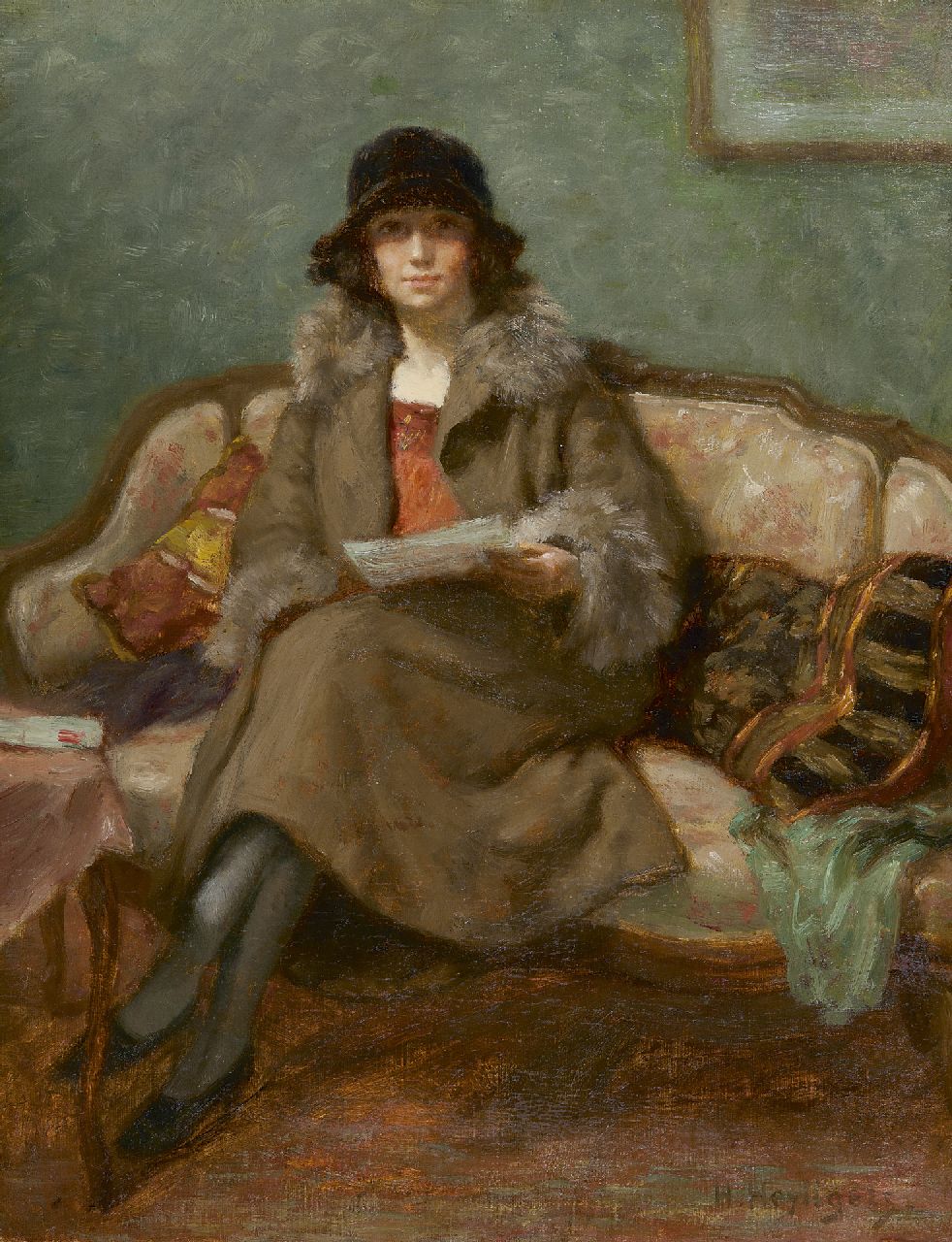 Heijligers H.  | Hendrik 'Henri' Heijligers, Lezende vrouw op een sofa, olieverf op doek 45,1 x 35,5 cm, gesigneerd rechtsonder