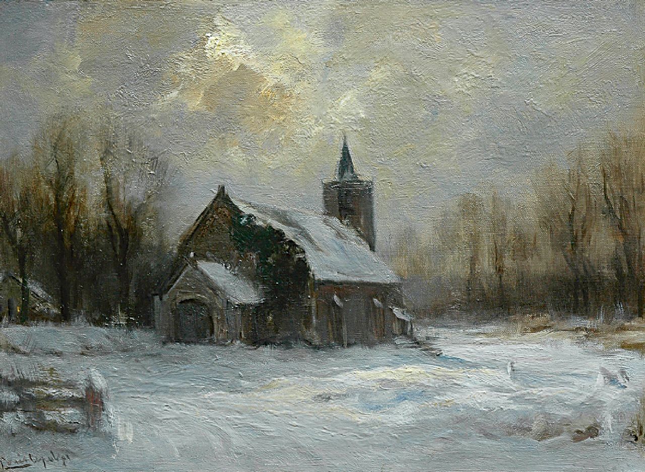 Apol L.F.H.  | Lodewijk Franciscus Hendrik 'Louis' Apol, Kerkje in de sneeuw, olieverf op doek 30,2 x 40,8 cm, gesigneerd linksonder