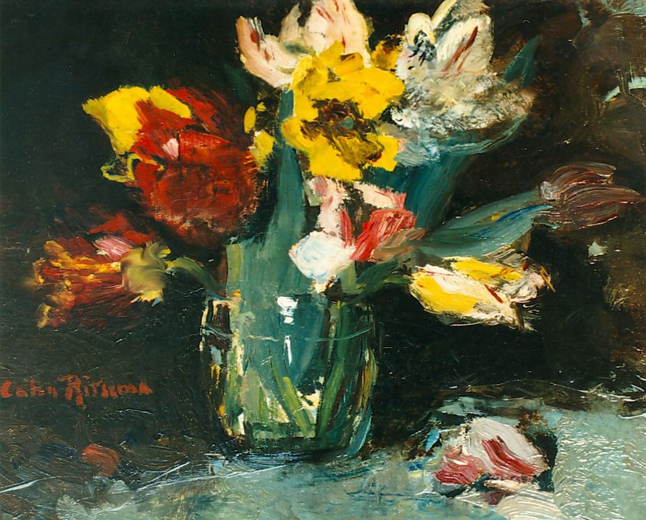 Ritsema J.J.  | Jacoba Johanna 'Coba' Ritsema, Tulpen in een vaas, olieverf op doek 30,0 x 35,5 cm, gesigneerd linksonder