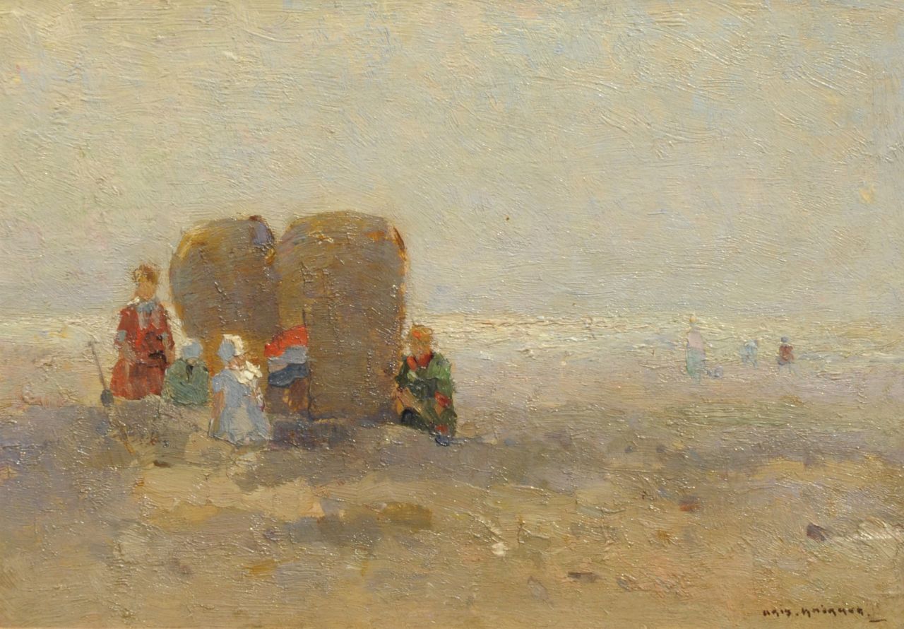 Knikker A.  | Aris Knikker, Op het strand, olieverf op paneel 19,6 x 28,1 cm, gesigneerd rechtsonder