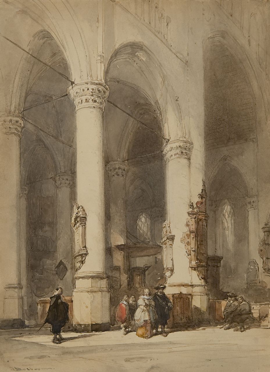Bosboom J.  | Johannes Bosboom, Interieur van de Hooglandsche Kerk, Leiden, inkt en aquarel op papier 26,7 x 19,5 cm, gesigneerd linksonder