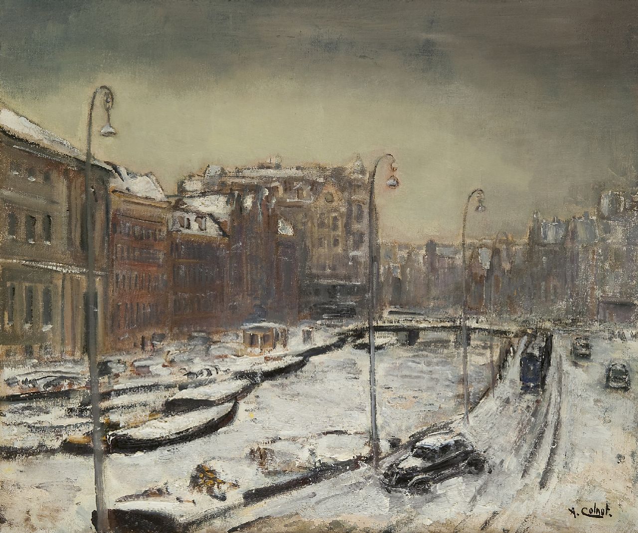 Colnot A.J.G.  | 'Arnout' Jacobus Gustaaf Colnot, Het Amsterdamse Rokin in de sneeuw, olieverf op doek 55,1 x 65,0 cm, gesigneerd rechtsonder