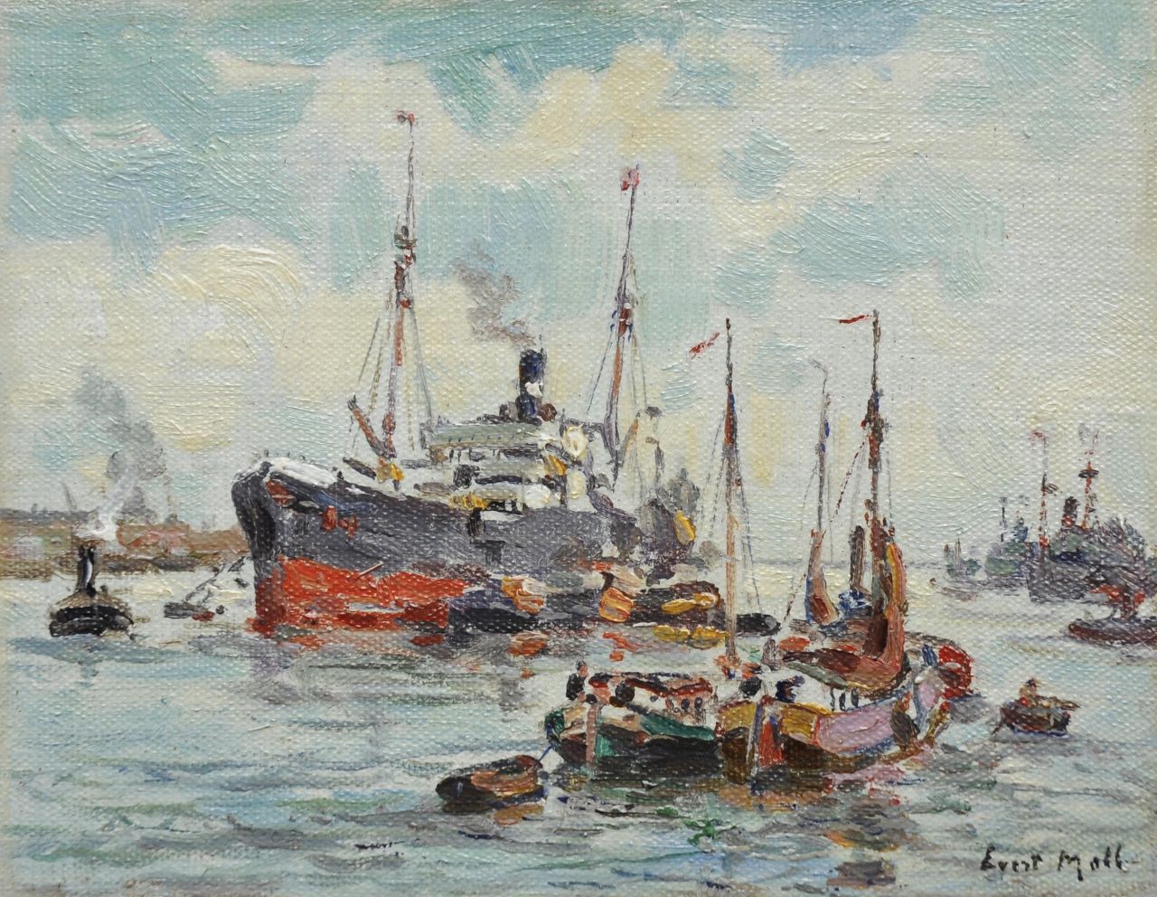 Moll E.  | Evert Moll, Bij de haven van Rotterdam, olieverf op doek op paneel 11,2 x 14,3 cm, gesigneerd rechtsonder