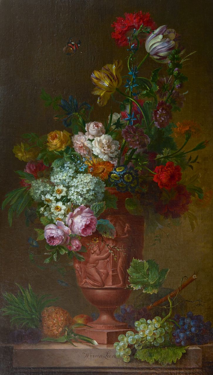 Willem van Leen | Pronkstilleven met bloemen en vruchten, olieverf op doek, 130,5 x 75,2 cm, gesigneerd m.o.