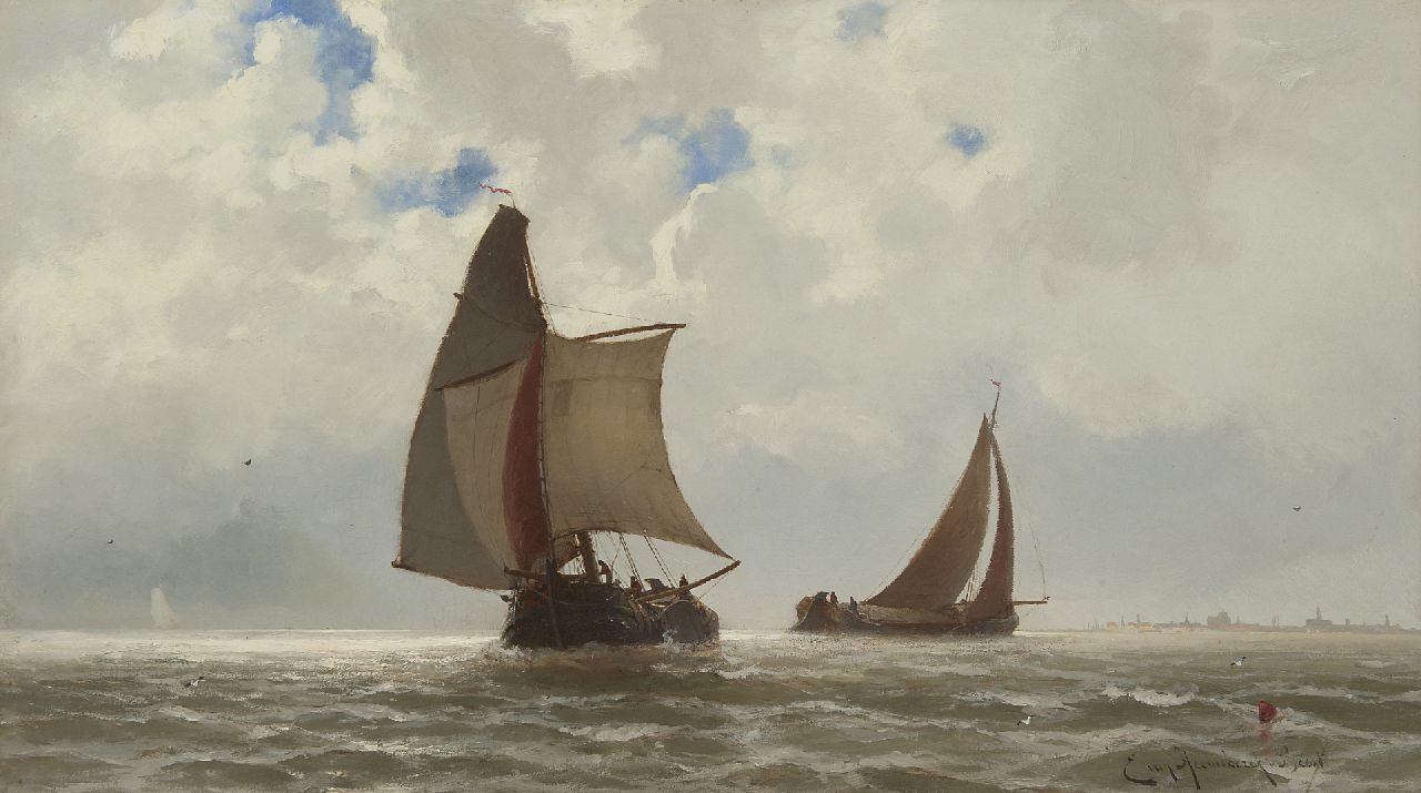 Heemskerck van Beest J.E. van | Jacob Eduard van Heemskerck van Beest, Zeilende vrachtschepen op de Zuiderzee, olieverf op paneel 42,0 x 74,9 cm, gesigneerd rechtsonder