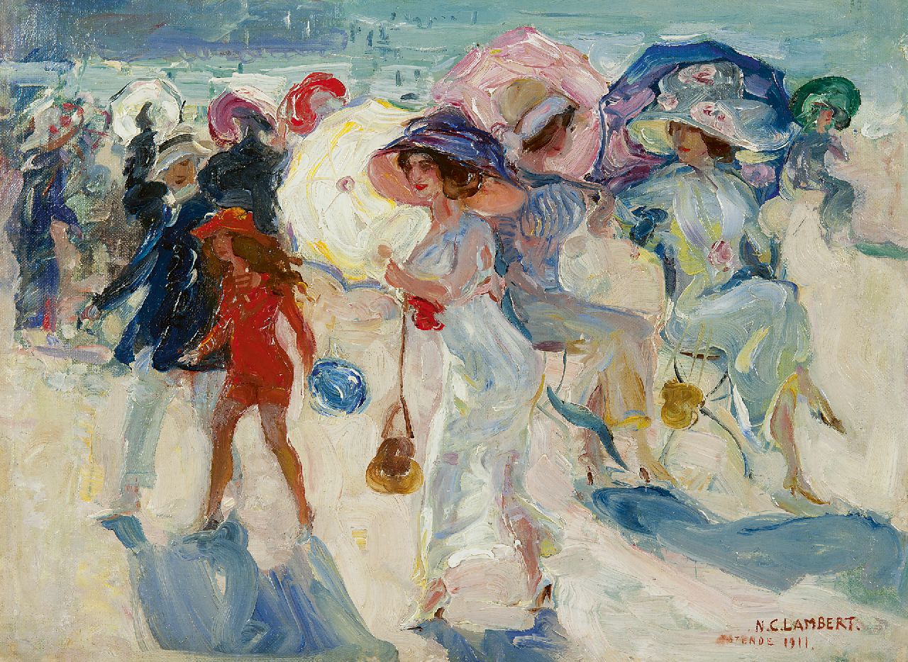 Lambert C.N.  | 'Camille' Nicolas Lambert, La Promenade, Ostende, olieverf op doek 35,2 x 47,4 cm, gesigneerd rechtsonder en gedateerd 'Ostende 1911'
