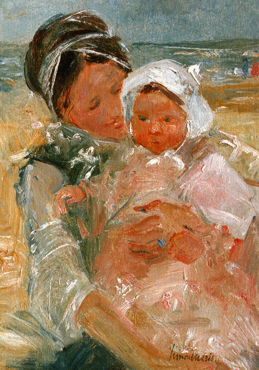 Maris S.W.  | Simon Willem Maris, Moeder met baby in de duinen, olieverf op paneel 32,0 x 23,0 cm, gesigneerd rechtsonder