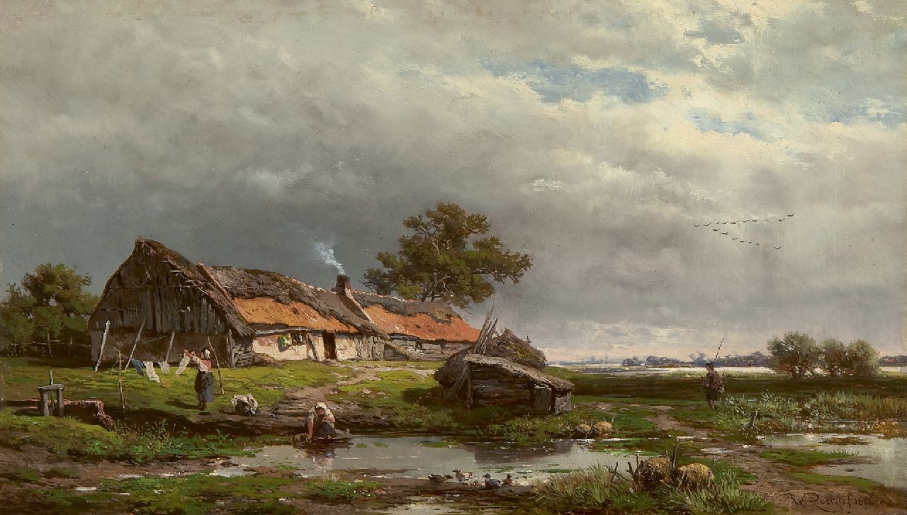 Roelofs W.  | Willem Roelofs, Bedrijvigheid rond een boerenhut, olieverf op paneel 20,2 x 33,4 cm, gesigneerd rechtsonder en gedateerd 1856