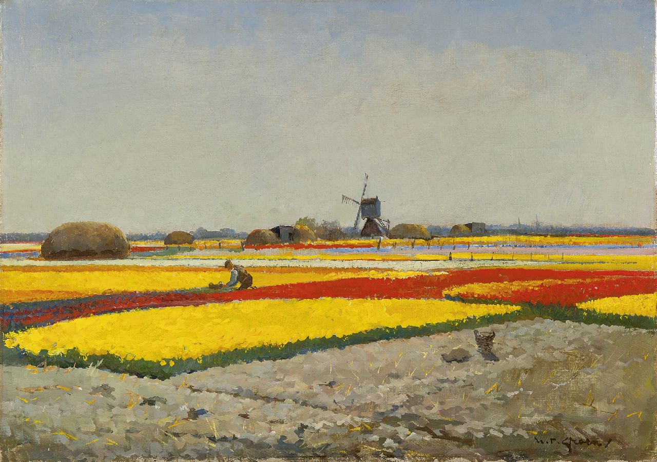 Groen H.P.  | Hendrik Pieter 'Piet' Groen, Bloeiende tulpenvelden, olieverf op doek 50,1 x 70,0 cm, gesigneerd rechtsonder
