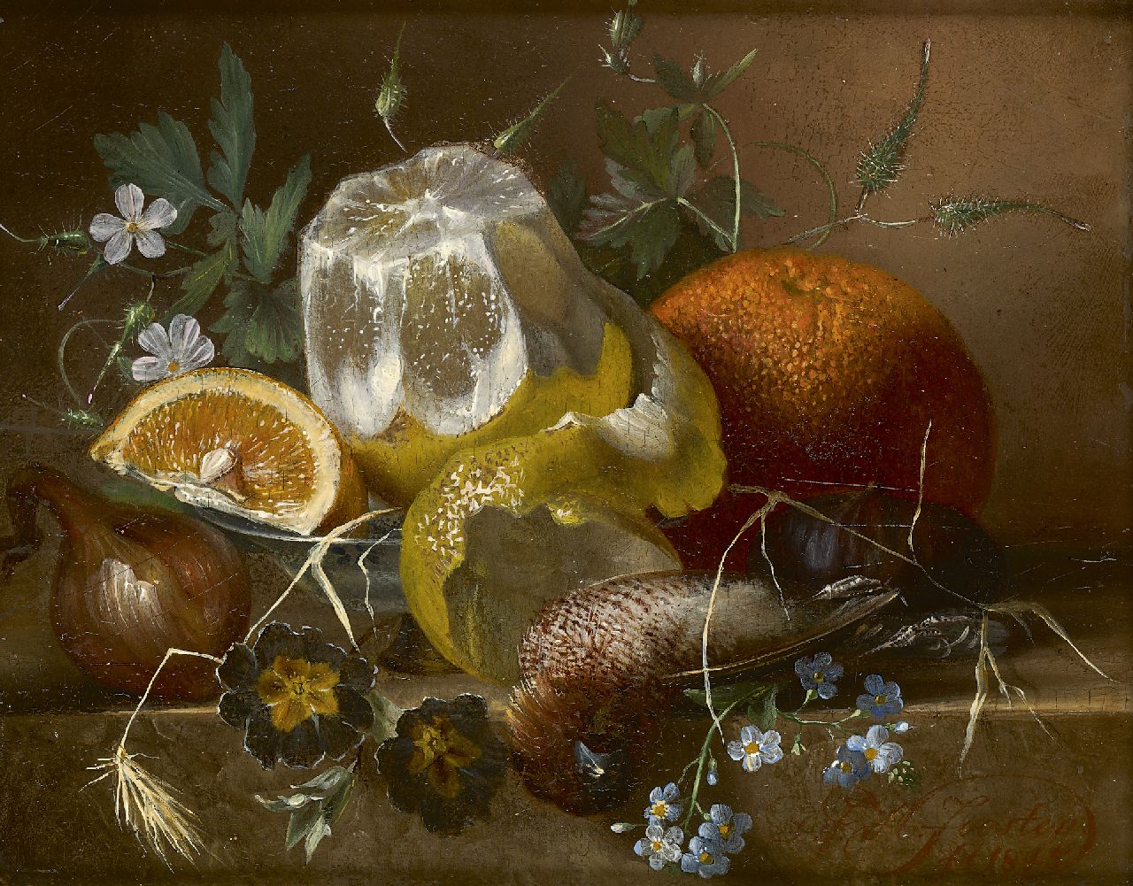 Joosten D.J.H.  | Dirk Jan Hendrik Joosten, Stilleven met vruchten en wild op een plint, olieverf op paneel 15,2 x 19,5 cm, gesigneerd rechtsonder en gedateerd 1845