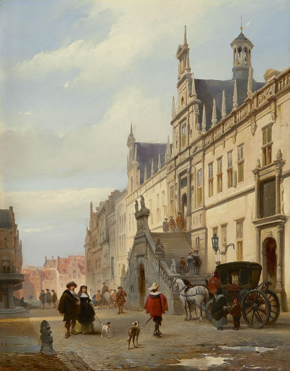 Bosboom J.  | Johannes Bosboom, Gezicht op de Breestraat met het stadhuis, Leiden, olieverf op paneel 45,2 x 35,0 cm, gesigneerd linksonder en te dateren ca. 1840-1845