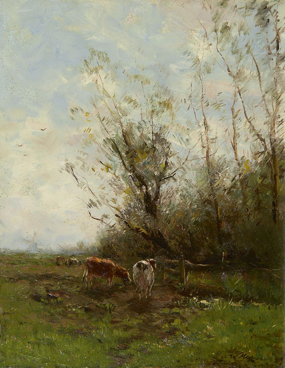 Maris W.  | Willem Maris, Polderlandschap met koeien, olieverf op paneel 26,4 x 20,6 cm, gesigneerd rechtsonder