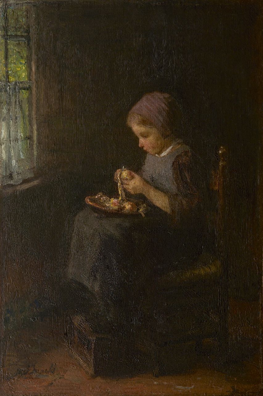 Israëls J.  | Jozef Israëls, Het aardappelschilstertje, olieverf op doek 61,3 x 41,5 cm, gesigneerd linksonder