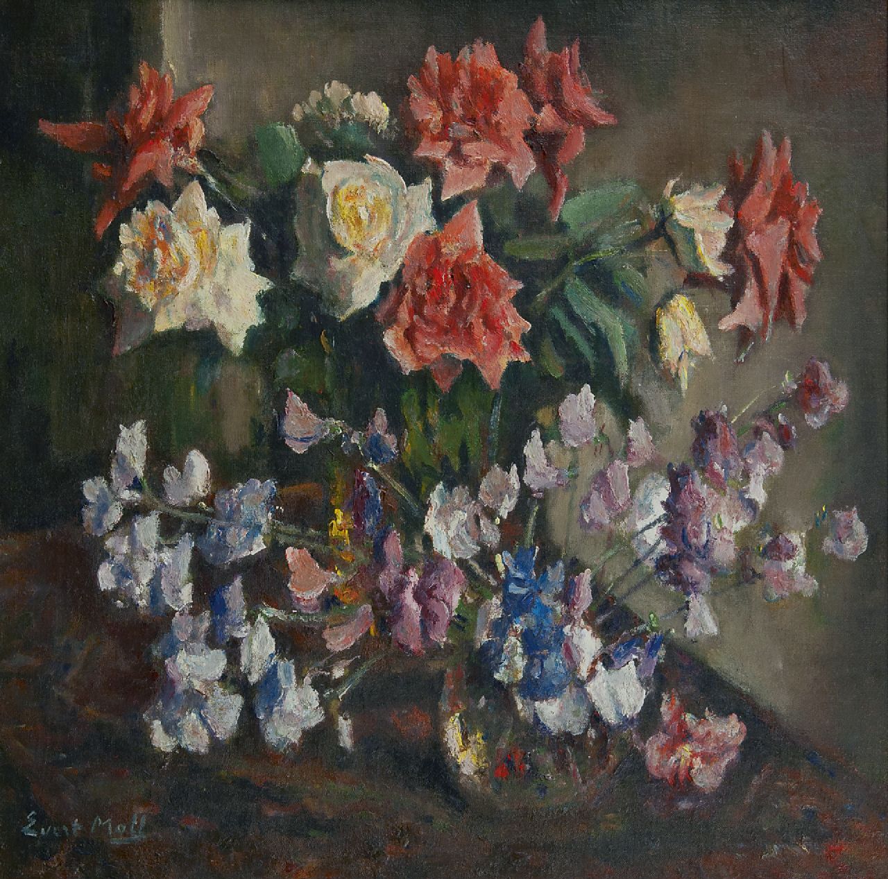 Moll E.  | Evert Moll, Stilleven met rozen, olieverf op doek 60,2 x 60,5 cm, gesigneerd linksonder