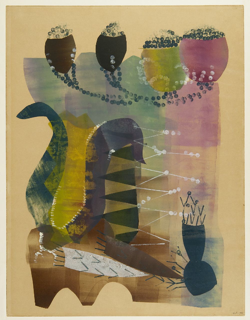 Werkman H.N.  | Hendrik Nicolaas Werkman, Compositie met plantenvormen, sjabloon en stempel op papier 65,3 x 50,0 cm, gedateerd Oct. 1942