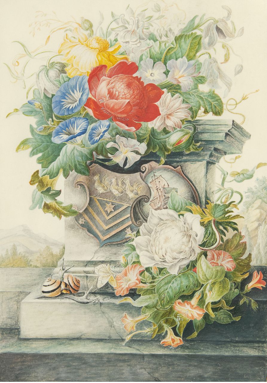 Herman Henstenburgh | Bloemstilleven met stenen zuil en wapenschilden, aquarel op perkament op papier, 36,6 x 25,3 cm