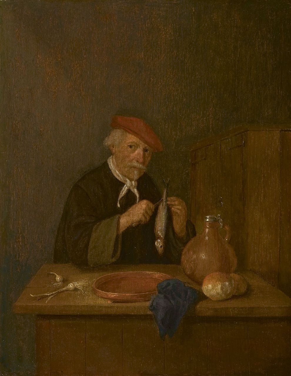 Brekelenkam Q.G. van | Quiringh Gerritz. van Brekelenkam | Schilderijen te koop aangeboden | Man met haring, olieverf op paneel 39,5 x 30,4 cm, gesigneerd rechtsonder met initialen en gedateerd 1665