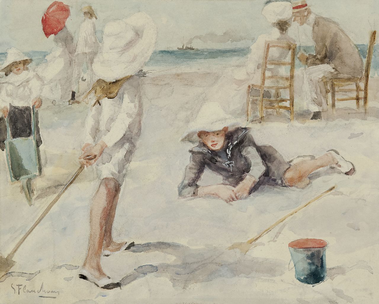 Gustave Flasschoen | Op het strand, aquarel op papier, 35,1 x 43,4 cm, gesigneerd l.o.