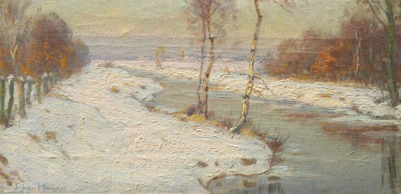 Meijer J.  | Johannes 'Johan' Meijer, Winternamiddagzon bij Blaricum, olieverf op doek 18,7 x 36,5 cm, gesigneerd linksonder
