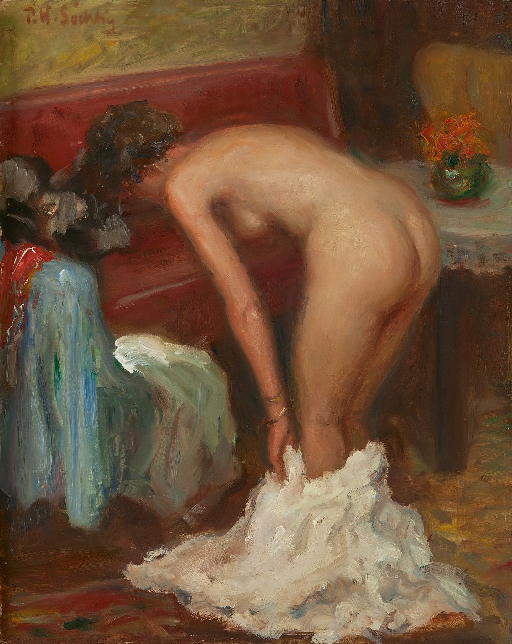 Paul Werner Söchtig | Naakt in een boudoir, olieverf op board, 50,3 x 40,1 cm, gesigneerd l.b.