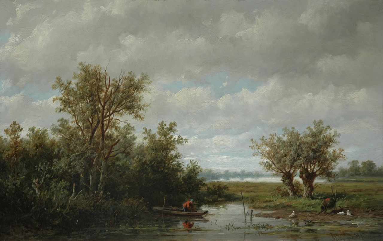 Wijngaerdt A.J. van | Anthonie Jacobus van Wijngaerdt, Polderlandschap met visser, olieverf op paneel 27,5 x 43,6 cm, gesigneerd rechtsonder