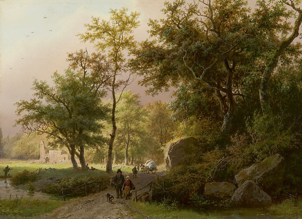 Koekkoek B.C.  | Barend Cornelis Koekkoek, Landvolk op een bospad bij een ruïne, olieverf op paneel 17,7 x 24,4 cm, gesigneerd middenonder en gedateerd 1849