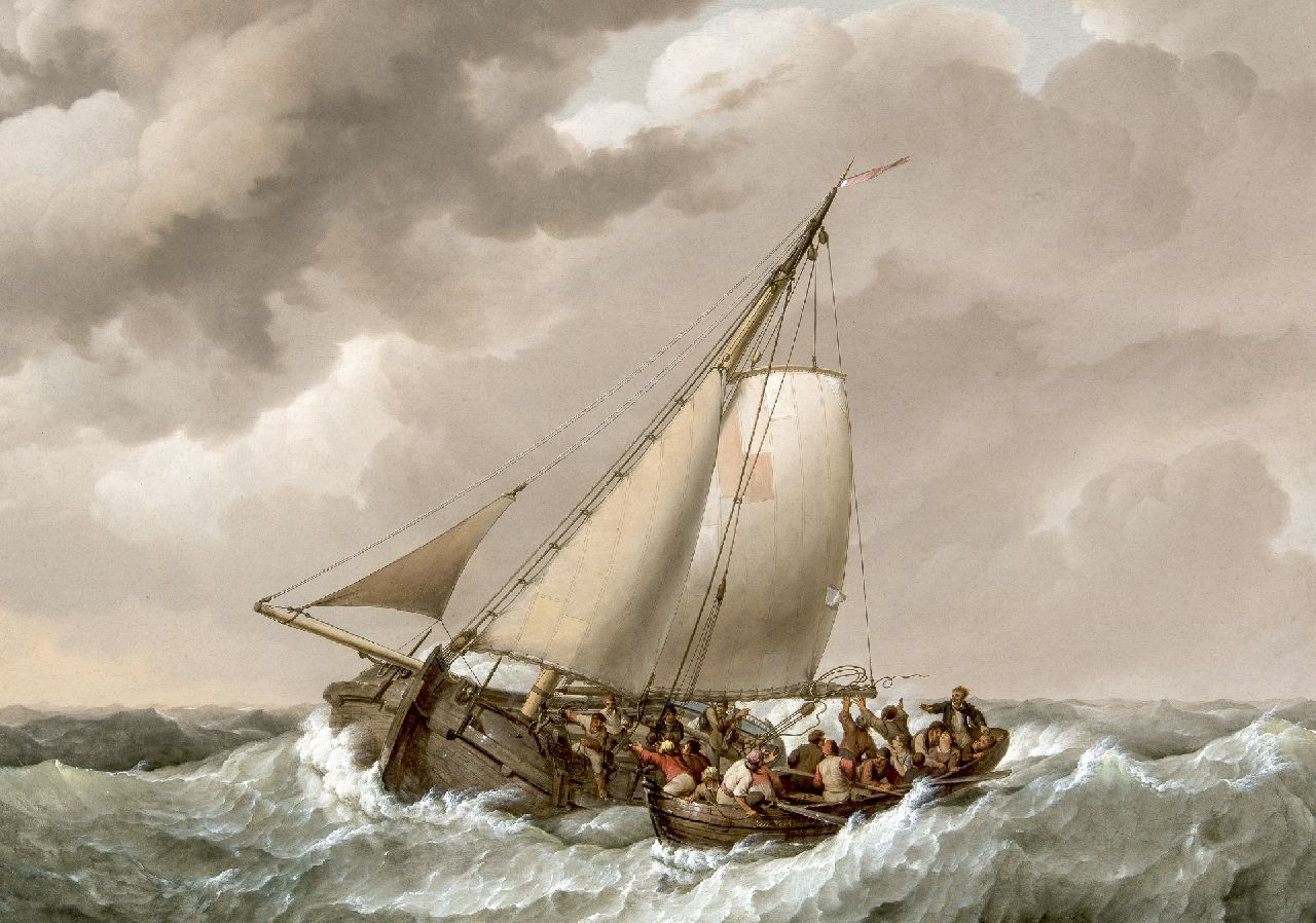 Koekkoek J.H.  | Johannes Hermanus Koekkoek, Redding van schipbreukelingen op open zee, olieverf op paneel 49,1 x 69,9 cm, gesigneerd middenonder op roeiboot en gedateerd 1820