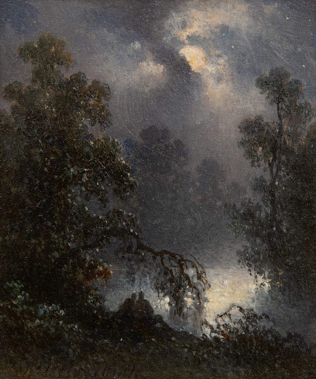 Hilverdink J.  | Johannes Hilverdink | Schilderijen te koop aangeboden | Bosvijver met verliefd paar bij maanlicht, olieverf op paneel 10,8 x 9,1 cm, gesigneerd linksonder